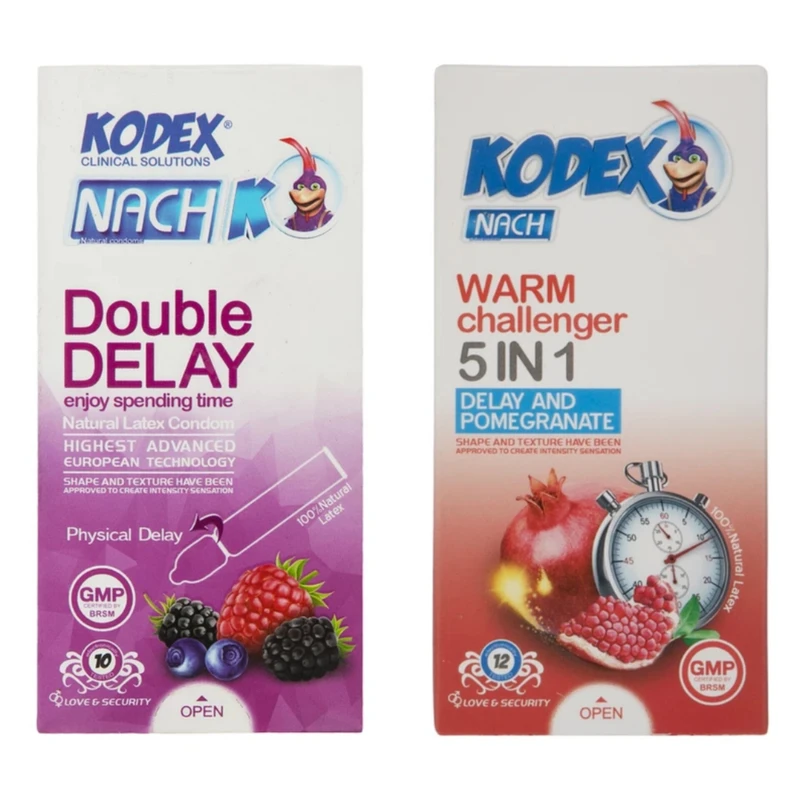 کاندوم تاخیری ناچ کدکس مدل دبل دیلی بسته 10 عددی به همراه کاندوم تاخیری ناچ کدکس مدل ۵ کاره بسته 12 عددی