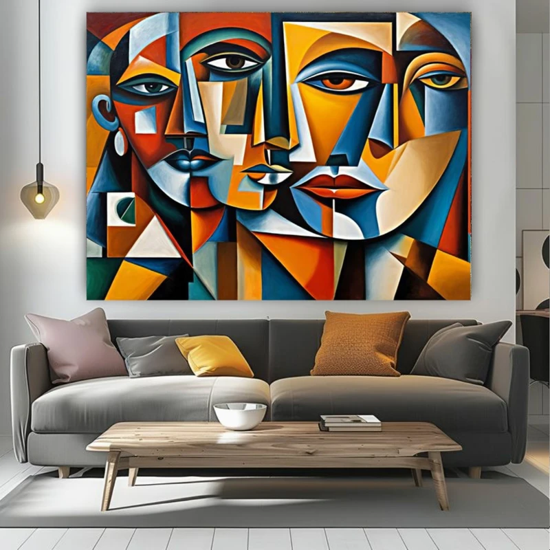پوستر پارچه ای طرح مخمل انتزاعی کوبیسم مدل چهره های تو در تو کد PY507