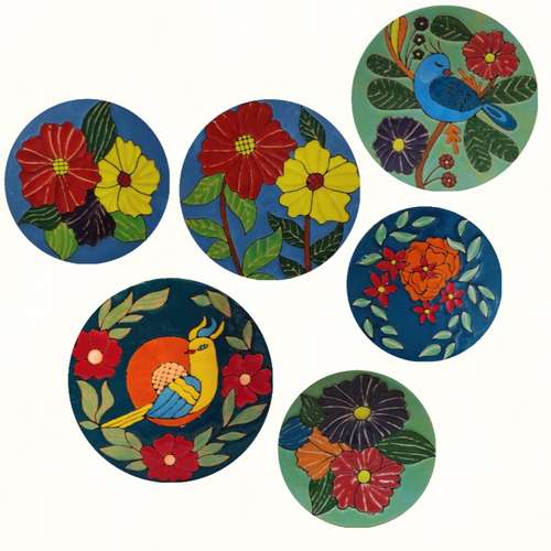 بشقاب دیوارکوب سفالی مدل گل رنگارنگ کدeh48 مجموعه شش عددی