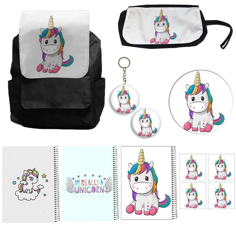 کوله پشتی مدل مدل یونیکورن تک شاخ کد A16 Unicorn به همراه دفتر مشق و جامدادی و زیر لیوانی و جاکلیدی مجموعه 12 عددی