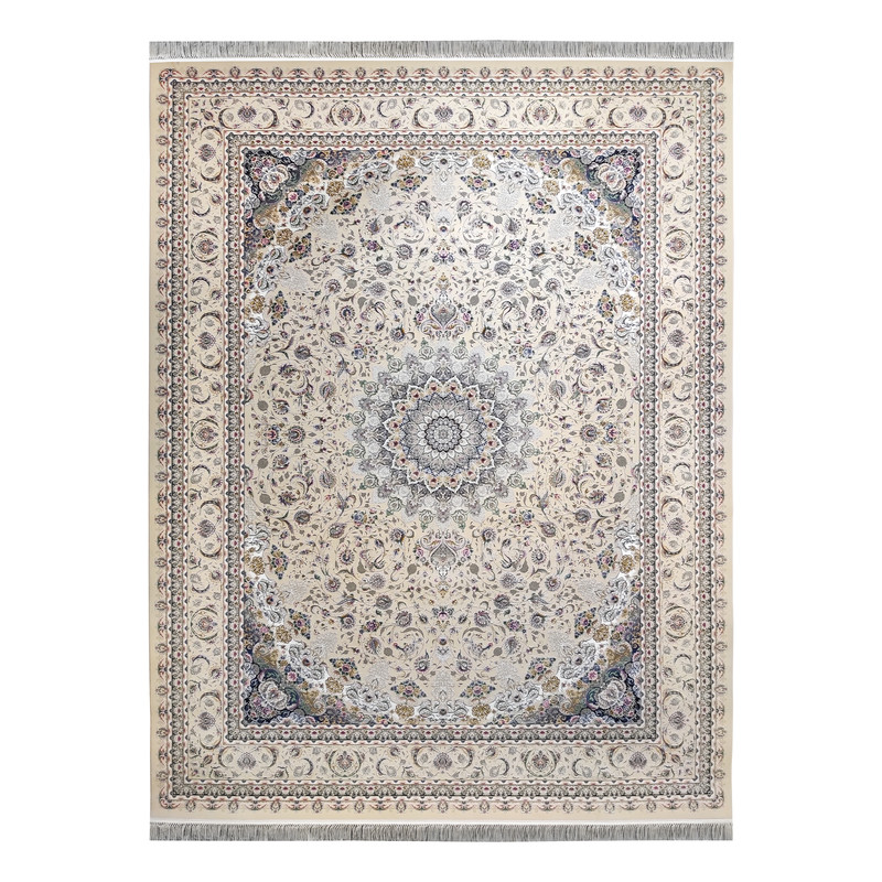 فرش ماشینی 1500 شانه فرش مشهد زمینه کرم حاشیه کرم مدل 814007