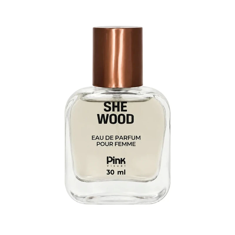 عطر جیبی زنانه پینک ویژوآل مدل She Wood با رایحه تند حجم 30 میلی‌لیتر