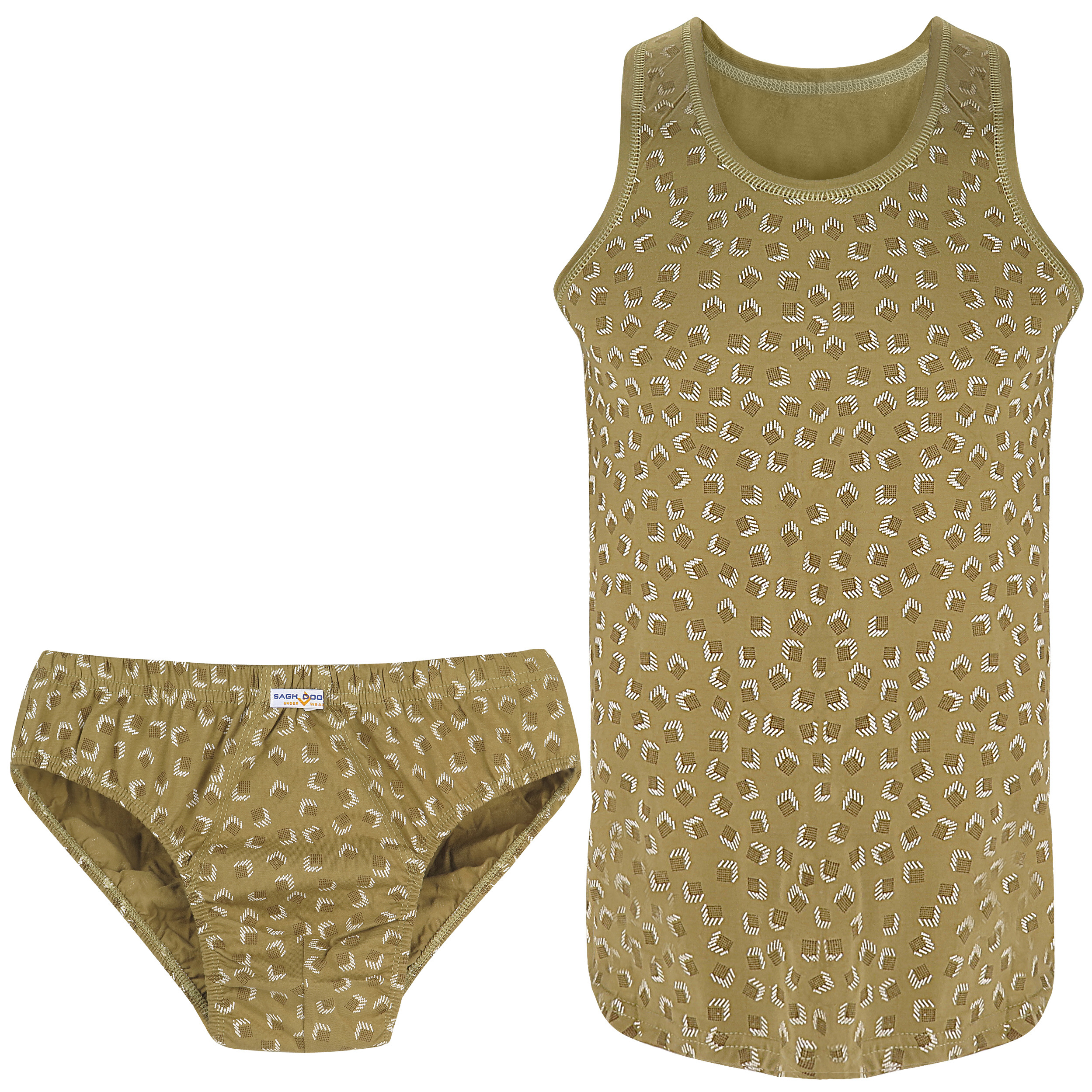 ست شورت و زیرپوش مردانه ساقدوش طرح مربع کد 123-10 رنگ کرم