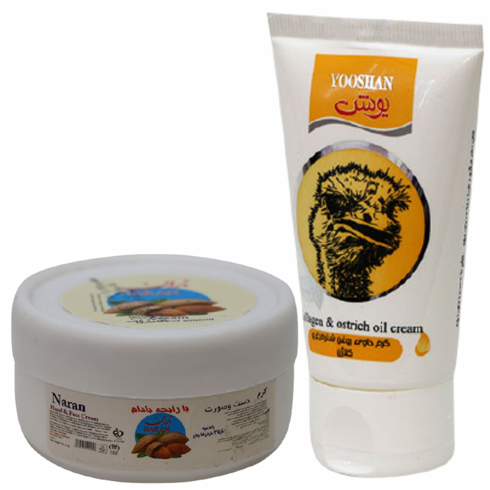 کرم مرطوب کننده یوشن مدل شتر مرغ حجم 50 میلی لیتر به همراه کرم مرطوب کننده ناران مدل بادام وزن 140 گرم