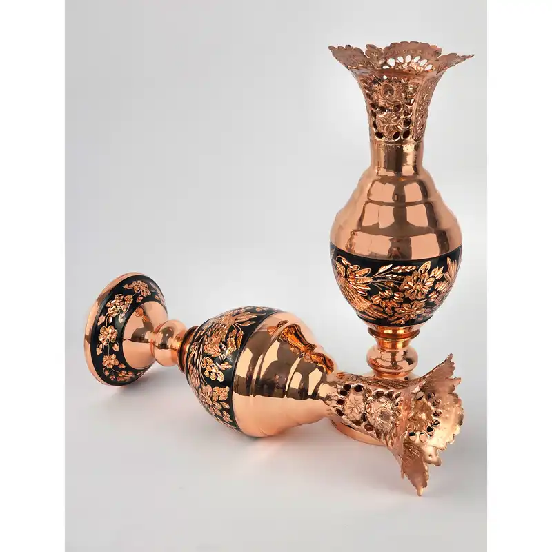 گلدان مسی مدل الماس تراش طرح سنبلدان کد S01 مجموعه 2 عددی