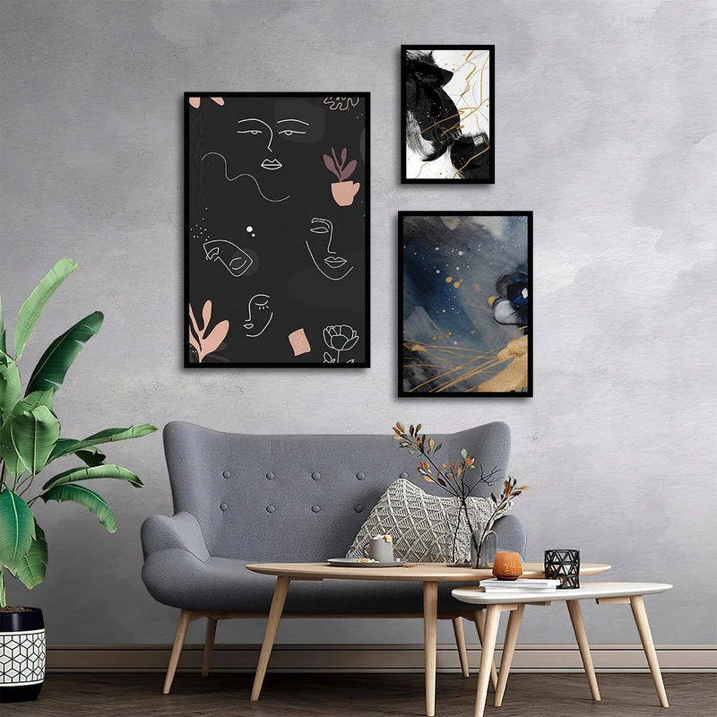 تابلو بکلیت طرح نقاشی مینیمال و سبک آبستره مدل B-3176 مجموعه 3 عددی