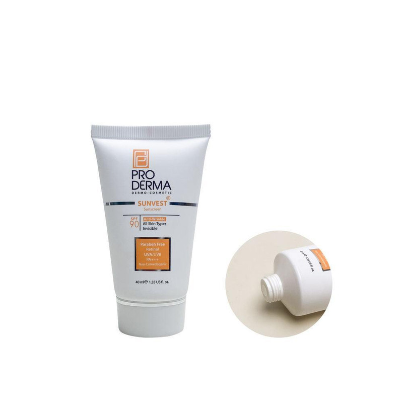 کرم ضد آفتاب رنگی پرودرما، SPF 90، مدل 90 Sunvest، مناسب انواع پوست  با تنالیته متوسط و حجم 40 میلی لیتر، ضدآب، فاقد پارابن، محافظت‌کننده در برابر  اشعه‌های UVA و UVB و غیر کومدون‌زا، PA+++، ضد چروک، دارای فرمولاسیون ویتامین C، با ماندگاری 2 ساعته