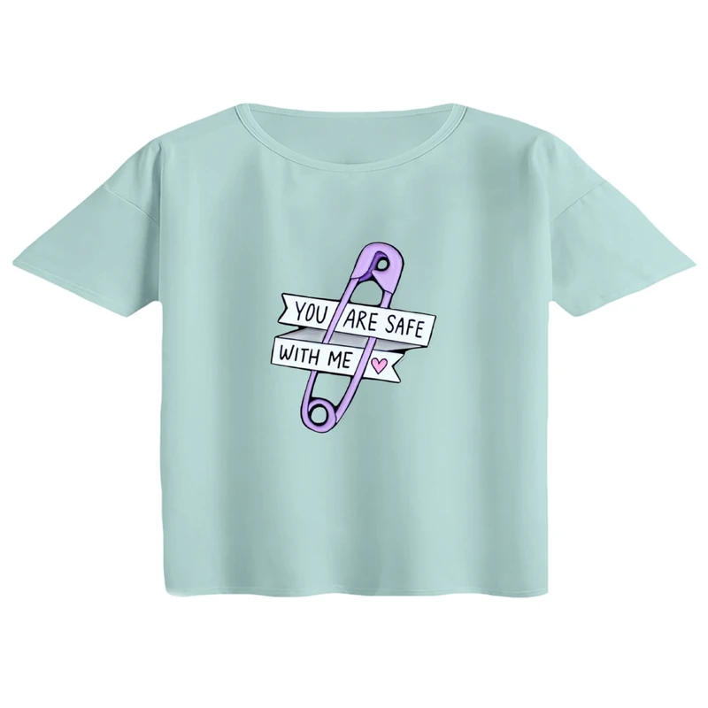 کراپ تی‌شرت آستین کوتاه زنانه مدل سنجاق قفلی