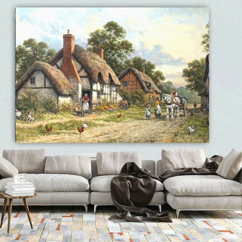 تابلو بوم طرح خانه های کاه گلی مدل کالاسکه اسب کد PY211