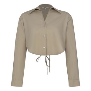 کراپ شومیز آستین بلند یقه برگردان زنانه نیزل مدل 1257 رنگ خاکی