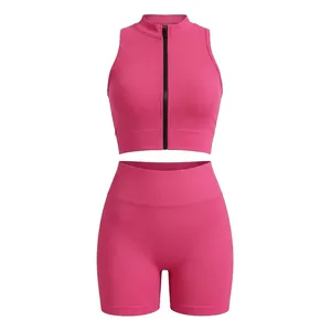 ست نیم‌تنه و شلوارک ورزشی زنانه مدل تمام زیپ کبریتی کد Ga0154-2