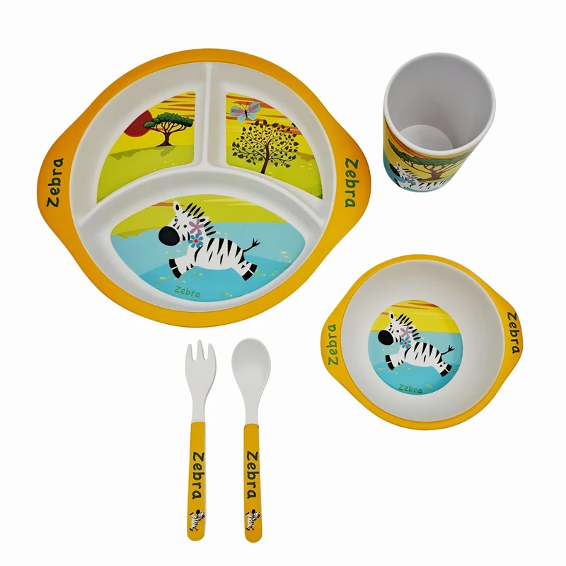 سرویس 5 تکه غذاخوری کودک مدل فیبر بامبو طرح گورخر کوچولو