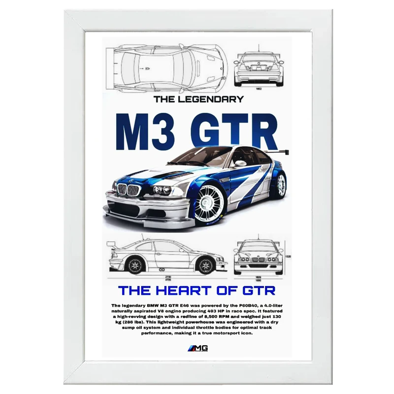 تابلو بکلیت طرح ماشین و خودرو بی ام و BMW M3 GTR مدل W-po1577 فریم سفید