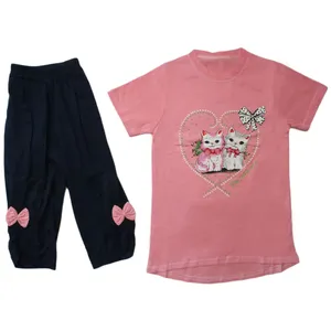 ست تی شرت و شلوار دخترانه مدل دو گربه رنگ کالباسی