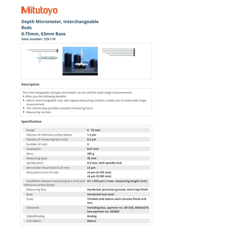 ميكرومتر عمق سنج ميتوتويو كد 110-129 گستره 75-0 ميليمتر