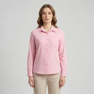Jeber Brand Women's Striped Tetoron Long-Sleeve Button-Down Shirt with Turndown Collar