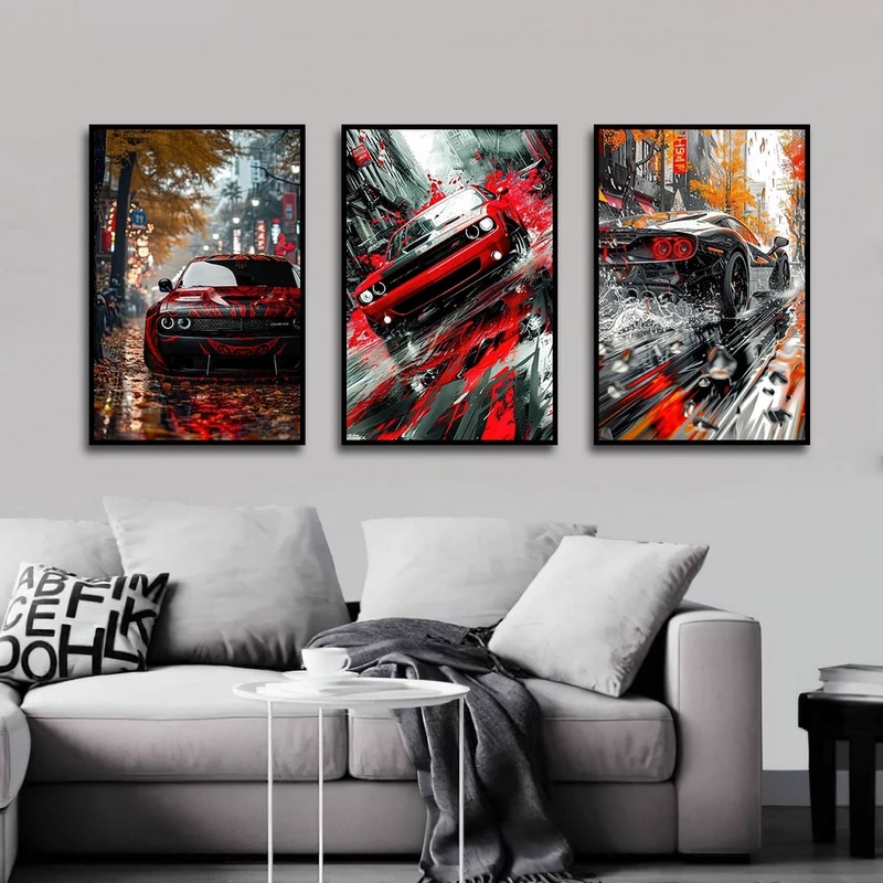 تابلو ساده بکلیت طرح ماشین رترو مدل شاین اکلیلی B-2745 فریم مشکی مجموعه 3 عددی