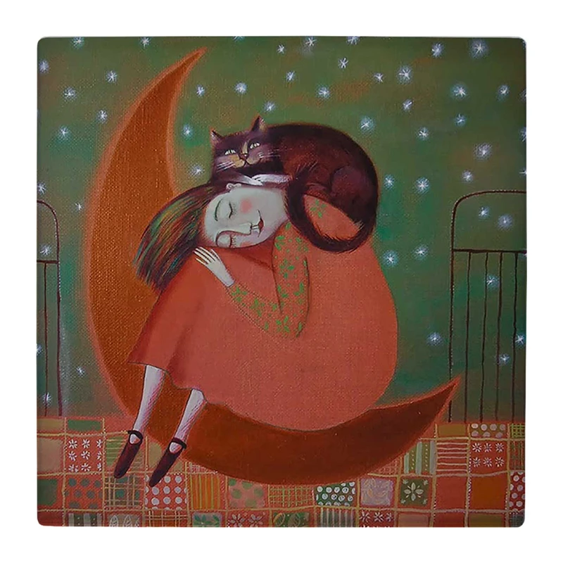 زیر لیوانی  طرح دختر و ماه و گربه کد    4969984_3847