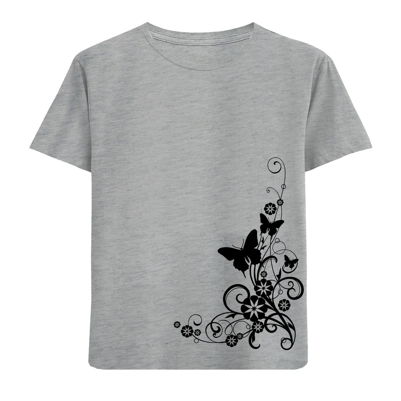 تی شرت آستین کوتاه دخترانه مدل گل و پروانه D374