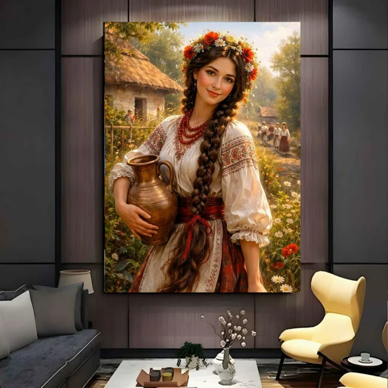 تابلو بوم طرح مخمل نقاشی مدل بانوی روستایی کد BK25005