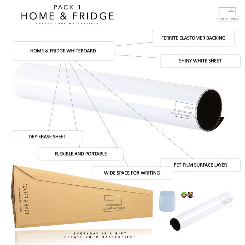 تخته وایت برد هوم اند فریج مدل 3 سایز 30x20 سانتی متر به همراه هولدر مغناطیسی و مگنت یخچالی مجموعه ۴ عددی