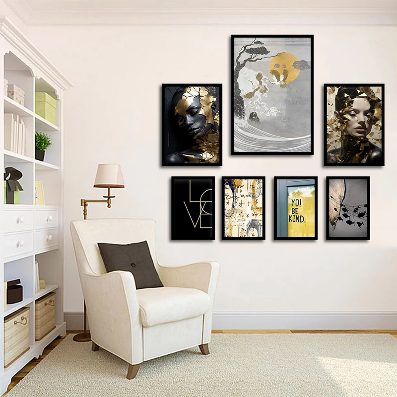 تابلو بکلیت طرح نقاشی مدرن طلایی مدل شاین اکلیلی B-1827 مجموعه 7 عددی