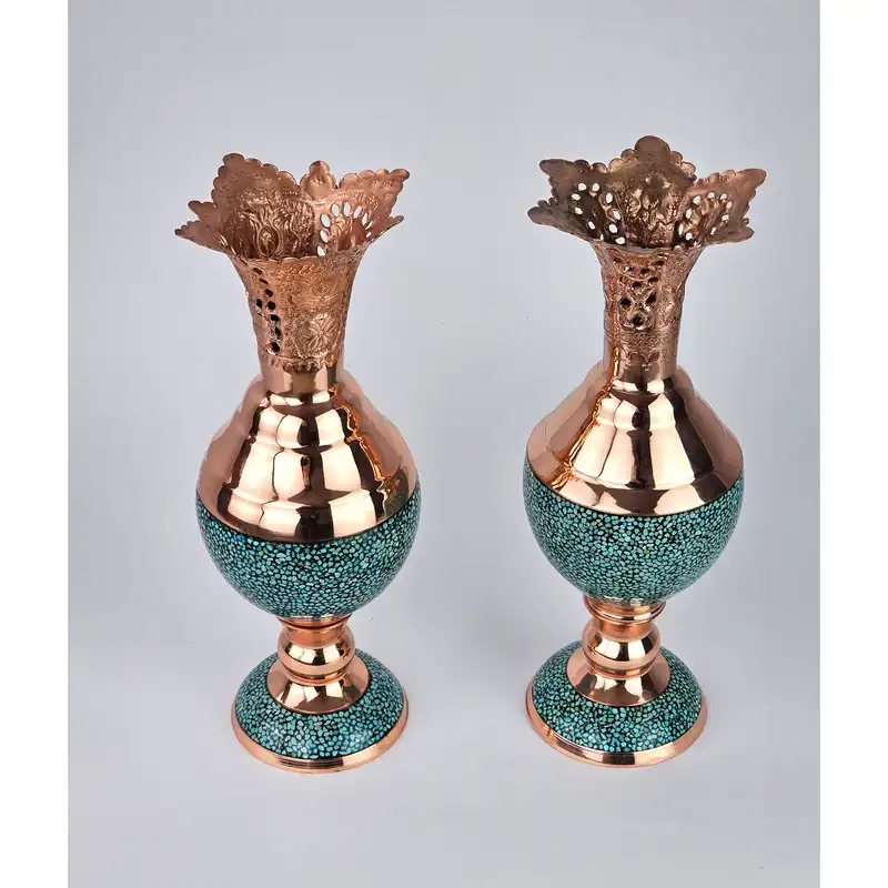 گلدان فیروزه کوبی مسی مدل سنبلدان کد S01 مجموعه 2 عددی