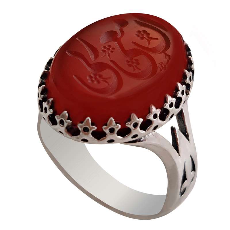 انگشتر نقره عقیق مردانه ملک زیور مدل سرنیزه طرح حکاکی ان معی ربی کد 418