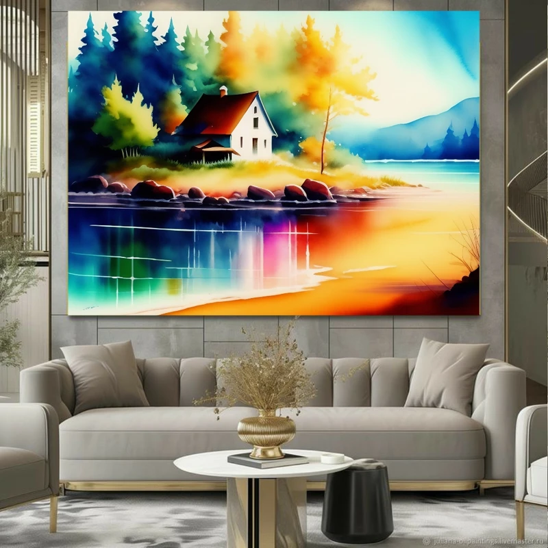 تابلو بوم طرح مخمل کلبه مدل دریاچه رنگین کمان کد FP105488