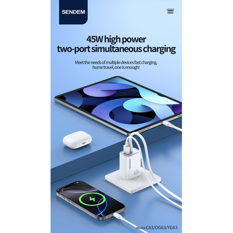 شارژر دیواری 45 وات سندم مدل S23 ULTRA به همراه کابل تبدیل USB-C