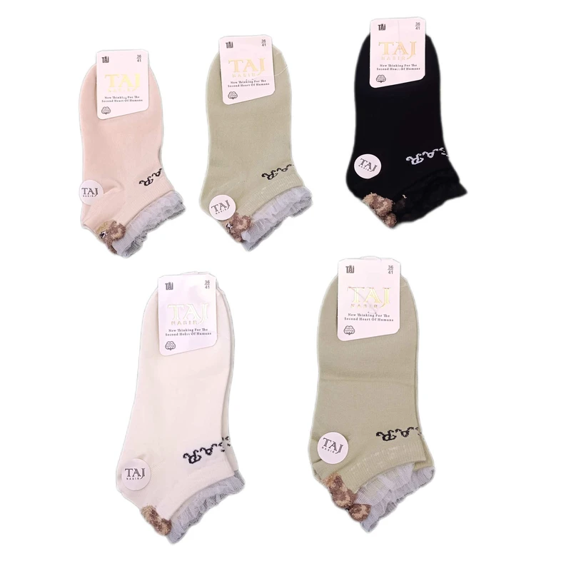جوراب ساق کوتاه زنانه تاج نصیر مدل تدی عروسکی بسته 5 عددی