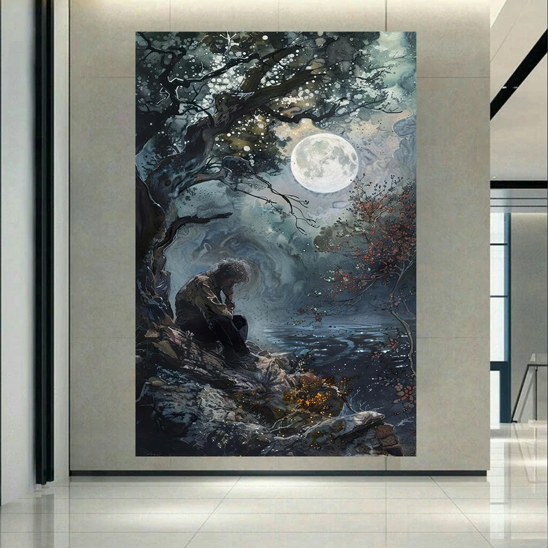  تابلو بوم طرح مخمل مرد متفکر مدل ماه کامل کد AR3058291