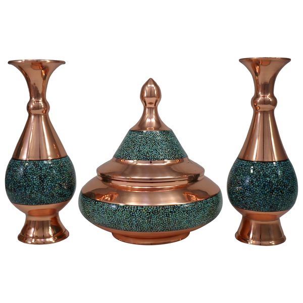 ست 3 تکه گلدان و شکلات خوری فیروزه کوبی کد 19-20