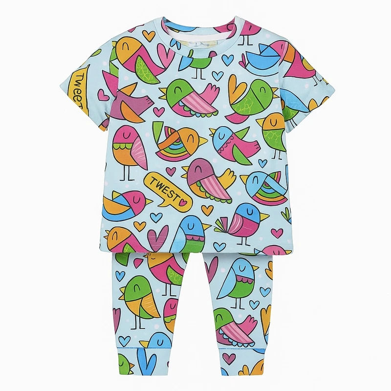 ست تی شرت آستین کوتاه و شلوار راحتی دخترانه مدل گنجشک