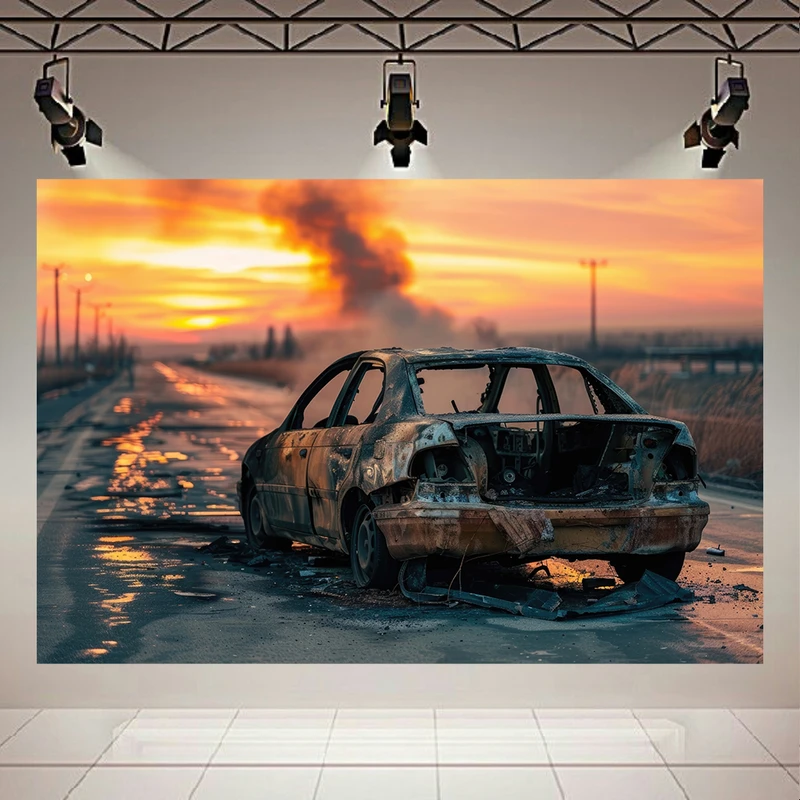 تابلو بوم طرح مخمل خودروی سوخته مدل غروب خورشید کد AR305229