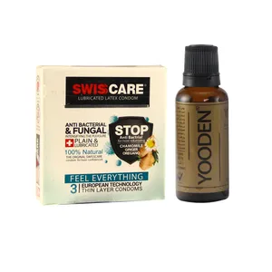کاندوم سوئیس کر مدل ANTI BACTERIAL بسته 3 عددی به همراه روغن یودن کد 01 حجم 30 میلی لیتر