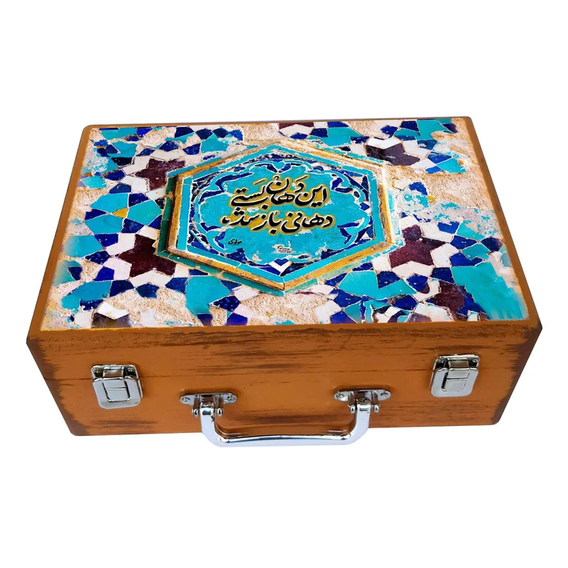 جعبه هدیه چوبی مدل چمدان طرح کاشی سنتی کد WS155