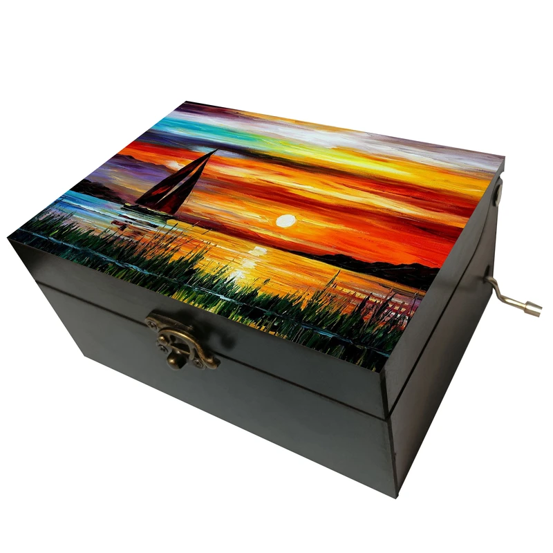 جعبه موزیکال مدل هندلی طرح نقاشی غروب آفتاب قایق و دریا کد T1110