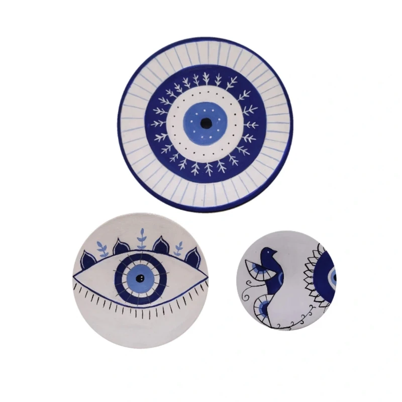 بشقاب دیوارکوب سفالی طرح چشم نظر مجموع 3 عددی 