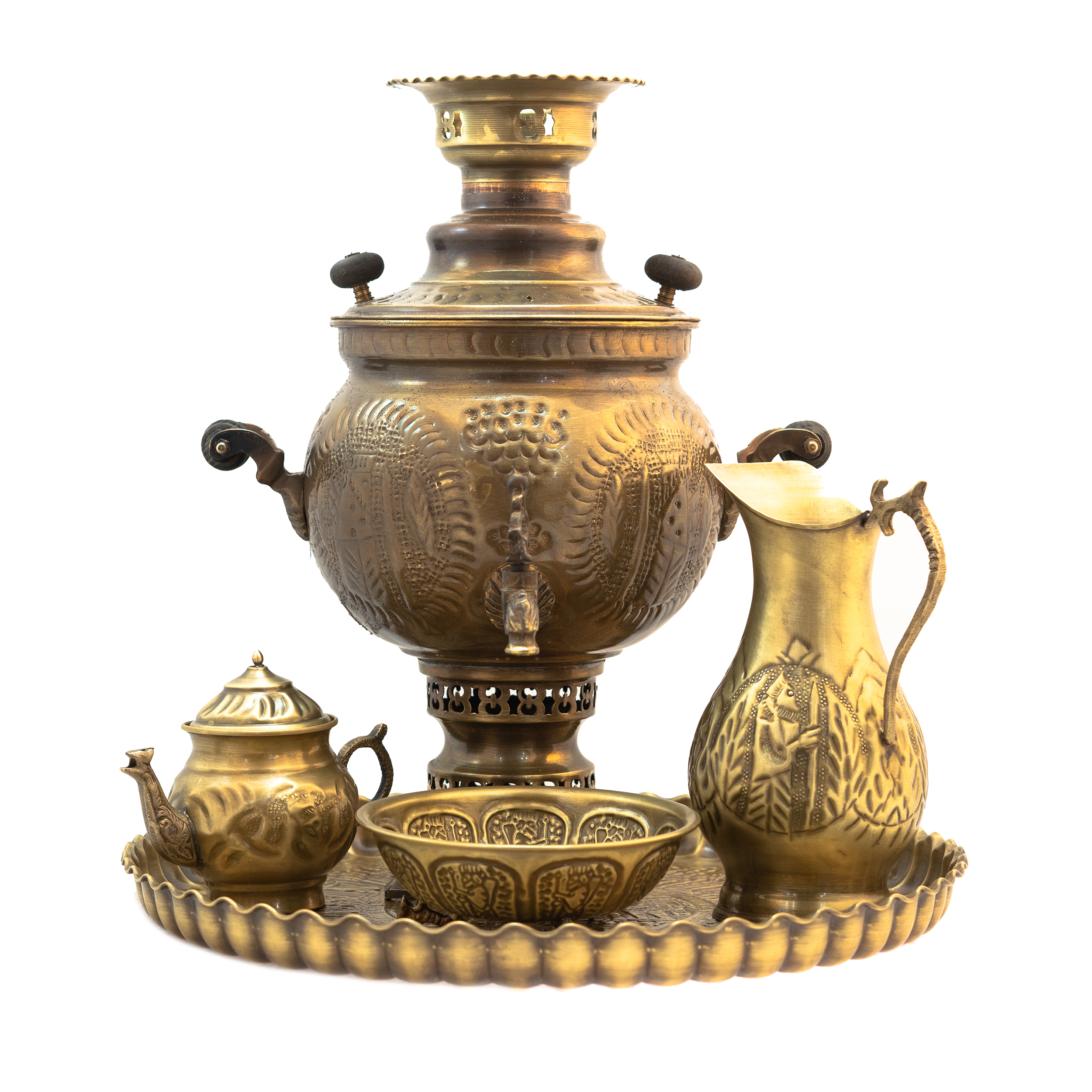 سرویس سماور ذغالی 5 پارچه برنجی مدل توپی کد 3190
