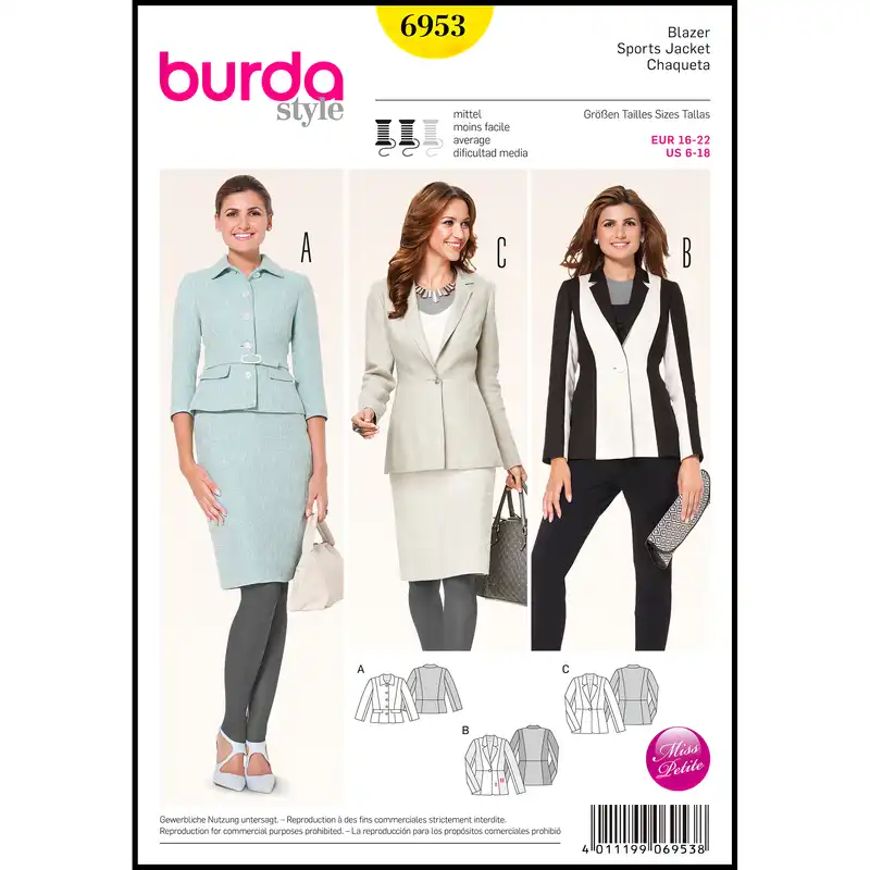 الگو خیاطی کت زنانه بوردا استایل کد 6953 سایز 32 تا 44 متد مولر