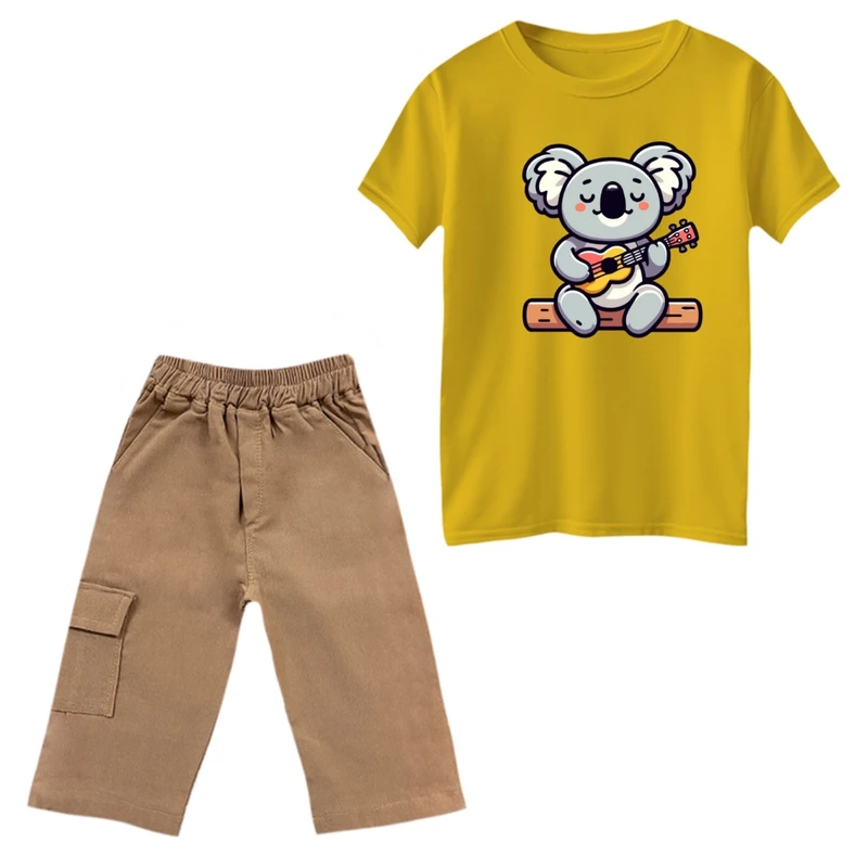 ست تی‌شرت و شلوارک پسرانه مدل کوالا و گیتار رنگ زرد