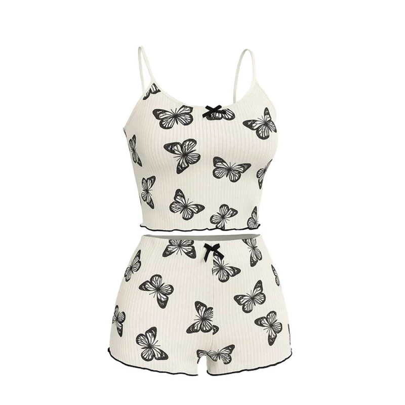 ست تاپ و شلوارک راحتی زنانه مدل 0403129 طرح پروانه کد 1