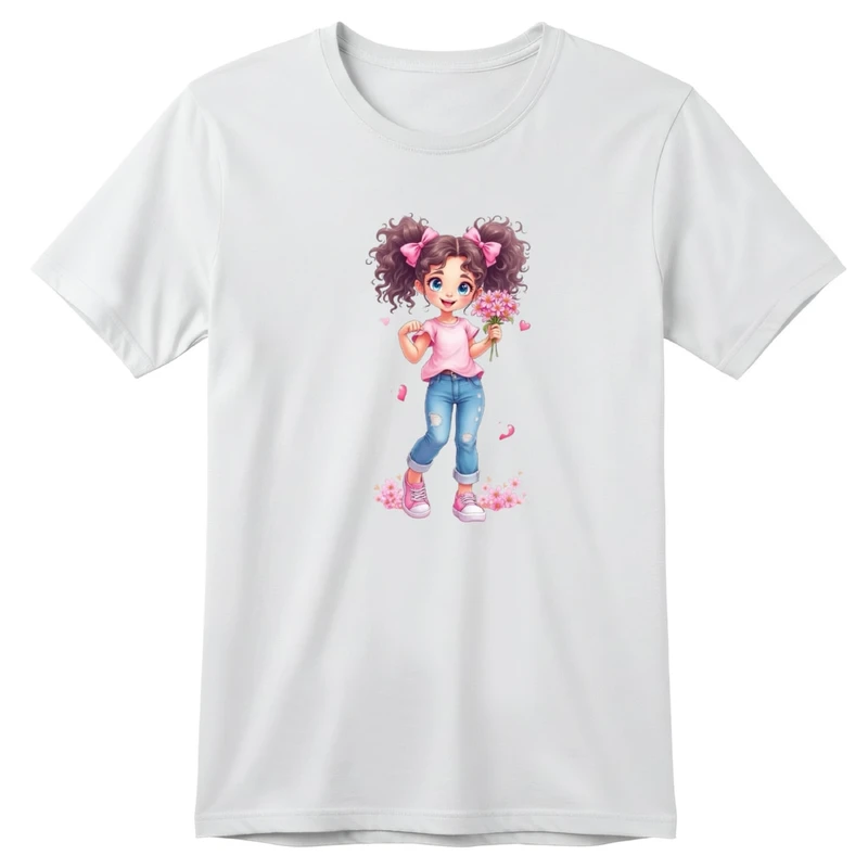 تی‌شرت آستین کوتاه یقه گرد بچگانه مدل دخترک و گل کد v28