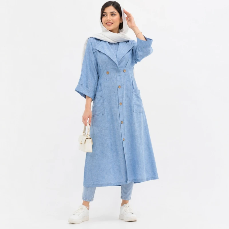 مانتو زنانه بلند آستین سه‌ربع جلو بسته مدل لینن