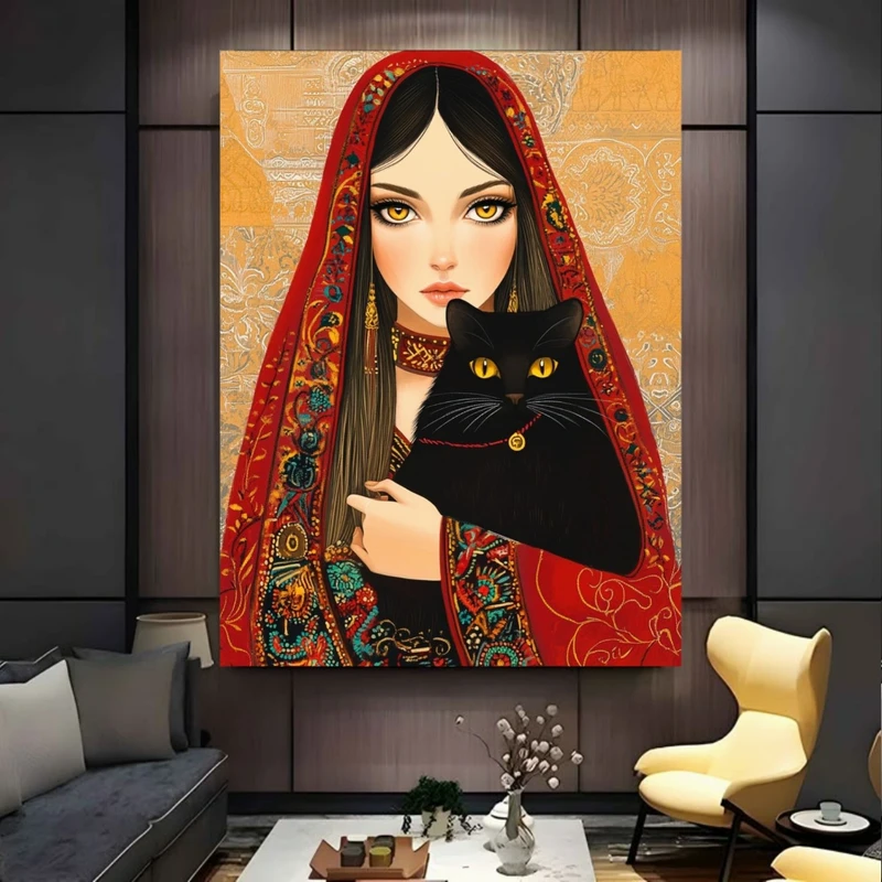 پوستر پارچه ای طرح مخمل نقاشی بانو مدل گربه کد FP106264