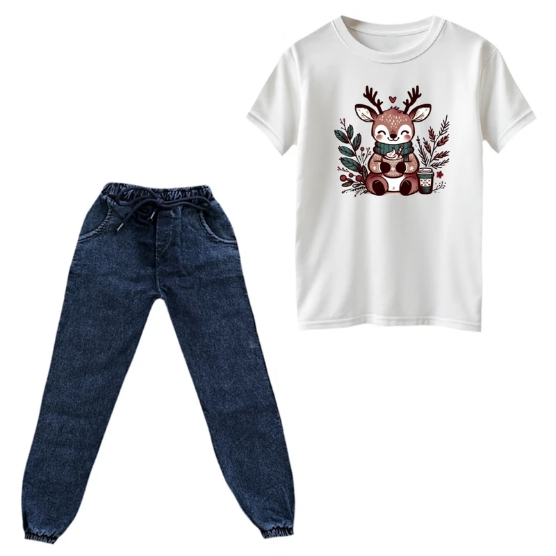 ست تی‌شرت و شلوار پسرانه مدل گوزن و برگ