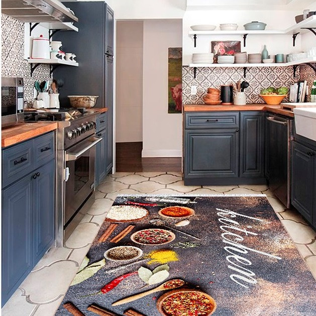  فرش ماشینی محتشم طرح آشپزخانه کد 100494 زمینه مشکی