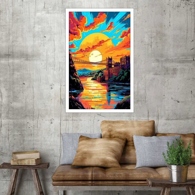 تابلو نوری بکلیت طرح نقاشی رنگ روغن آبستره منظره طبیعت و پل مدل W-MID-18075