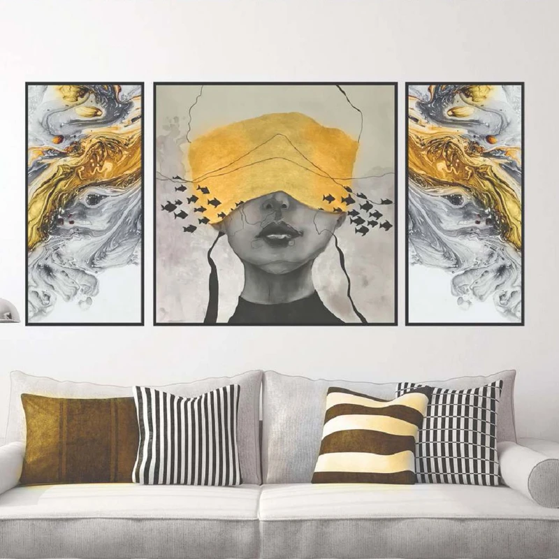 تابلو بکلیت طرح دیجیتال آرت مدل B-1988 فریم مشکی مجموعه 3 عددی